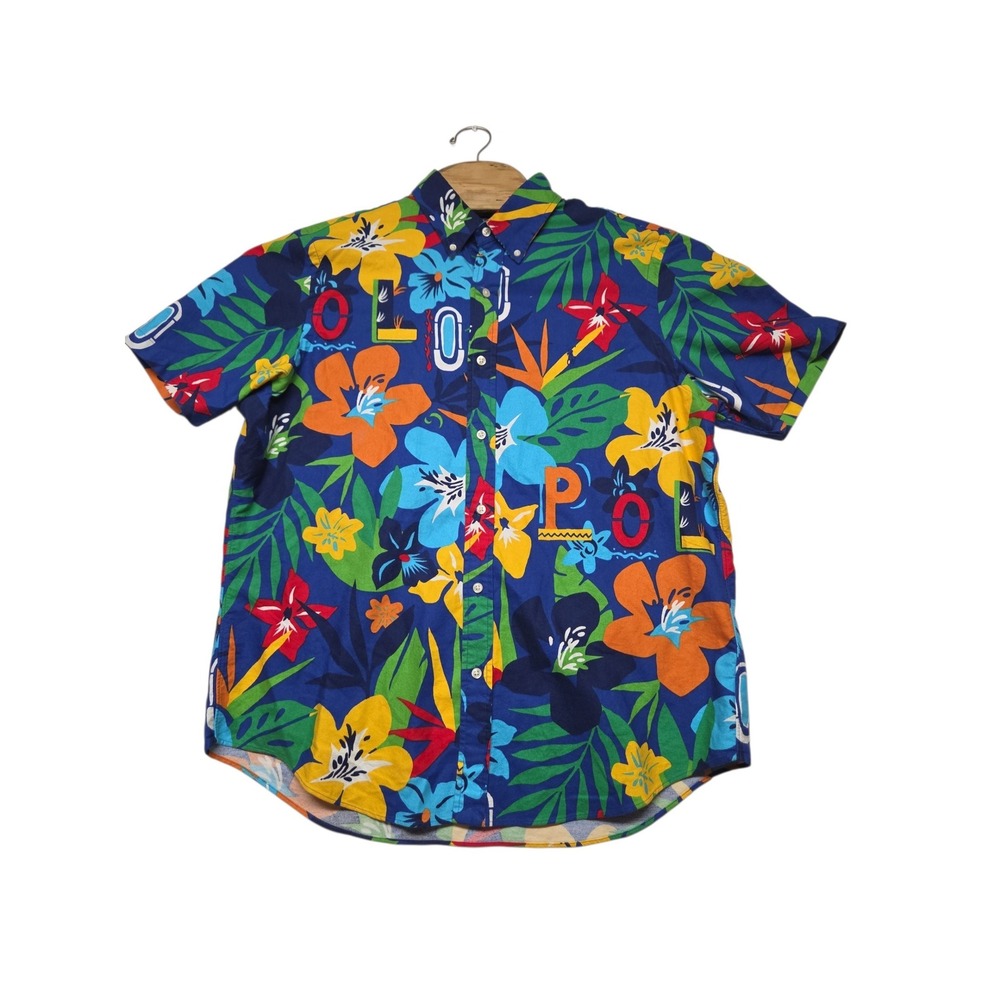Ralph Lauren Mens Classic Fit Tropical Floral Polo Spellout Linen Cotton Shirt L